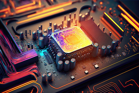 a digital image of an abstract computer motherboard and processor that features futuristic elements...
