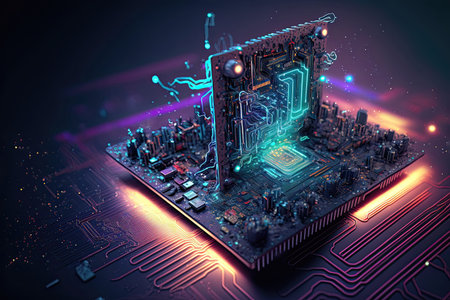a digital image of an abstract computer motherboard and processor that features futuristic elements such as cyberspace lighting and a colorful background. The image gives the viewer a close-up and realistic representation of the circuit design. The overall impression is of advanced technology, with a combination of the traditional motherboard and processor design and the futuristic elements of cyberspace and bright background colors.の写真素材
