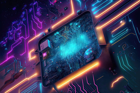 a digital image of an abstract computer motherboard and processor that features futuristic elements...