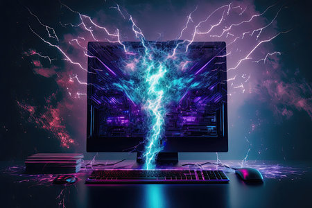 A digital image of a computer featuring futuristic elements such as cyberpunk lighting and a colorful background with lightning effects. The image showcases the advanced technology and unique design of the computer, with a focus on the dynamic and bold lighting and color elements.の写真素材