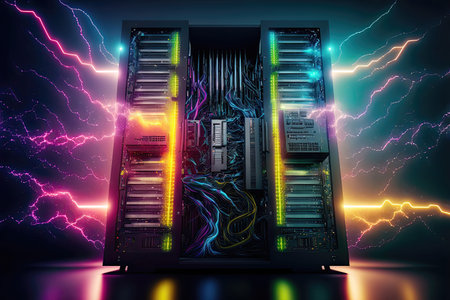 A digital image of an ultra-detailed resolution abstract room server in a futuristic data center...