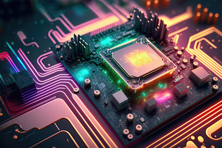 a digital image of an abstract computer motherboard and processor that features futuristic elements such as cyberspace lighting and a colorful background. The image gives the viewer a close-up and realistic representation of the circuit design. The overall impression is of advanced technology, with a combination of the traditional motherboard and processor design and the futuristic elements of cyberspace and bright background colors.の写真素材
