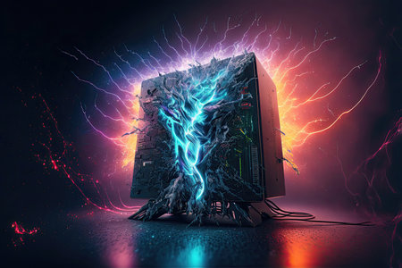 A digital image of a computer featuring futuristic elements such as cyberpunk lighting and a colorful background with lightning effects. The image showcases the advanced technology and unique design of the computer, with a focus on the dynamic and bold lighting and color elements.の写真素材