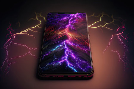 A digital image of a phone with futuristic elements, including cyberspace lighting and a colorful...