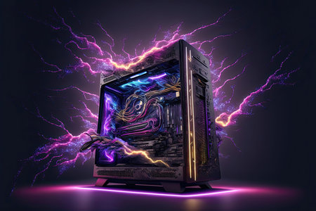 A digital image of a computer featuring futuristic elements such as cyberpunk lighting and a...