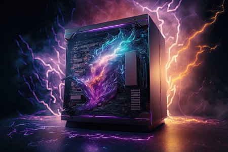 A digital image of a computer featuring futuristic elements such as cyberpunk lighting and a...