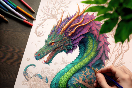 Dragon coloring pen is a unique art tool that allows you to color intricate dragon illustrations with precision and ease. The pen has a fine tip that allows for detailed coloring, and the ink is water-based and non-toxic, making it safe for all ages. The dragon illustrations are printed on high-quality paper for a smooth coloring experience.の写真素材
