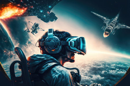 The image depicts a man sitting in a gaming room, fully immersed in a virtual reality headset. He appears to be in the middle of a space or battlefield fight, with his hands gripping the controller as he battles against unseen opponents. The futuristic setting and advanced technology of the VR headset showcase the cutting-edge nature of the gaming experience.の写真素材
