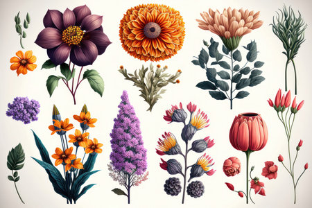 This illustration set showcases the beauty and diversity of flowers in nature.の写真素材