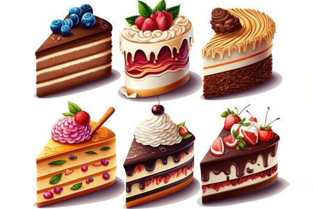 This illustration set features a variety of delicious cakes