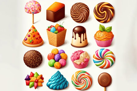 This illustration set features a variety of mouth-watering candies in a rainbow of colors and flavors.の写真素材