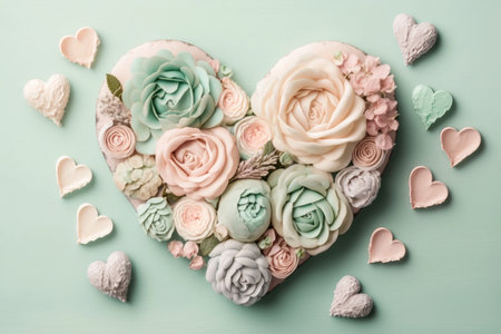 This minimalist Valentine's Day background is all about understated elegance. Against a soft, pastel-hued background, delicate heart shapes are paired with romantic blooms to create a chic and sophisticated scene.の写真素材