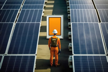 A dedicated worker is tasked with the important job of inspecting solar panels. Their role is to thoroughly examine the performance and condition of each panel, ensuring that it is functioning at its best. Using specialized tools and techniques, the inspector checks for any damage, wear, or other issues that could impact the energy output of the solar system.の写真素材