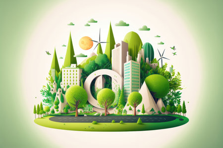 This article presents a vision of an environmentally friendly city that prioritizes sustainable energy conservation and green living. The article uses white and green colors to create an aesthetic that represents a clean, sustainable environment.の写真素材