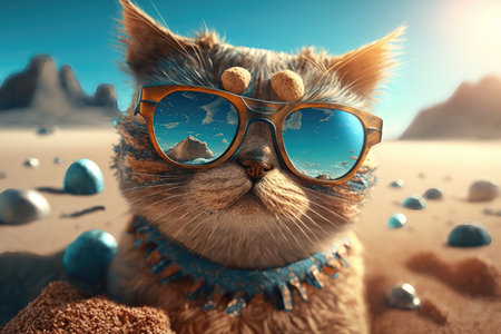 a humorous and playful depiction of a cat enjoying a day at the beach. The cat is wearing sunglasses and reclining on a colorful beach towel, with its paw stretched out in a relaxed manner.の写真素材