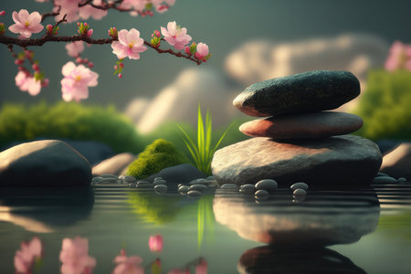 The spa's tranquil ambiance is enhanced by the use of natural materials such as stacked stones, which create a peaceful and grounding atmosphere. You will be surrounded by the calming presence of beautiful flowers, carefully arranged to provide a soothing environment for your mind and body.の写真素材
