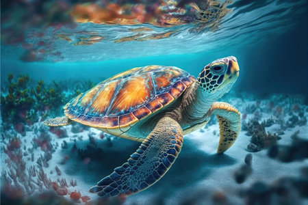 a sense of serenity and calm, inviting the viewer to imagine themselves in this idyllic paradise, away from the stresses of daily life. At the same time, the sea turtle serves as a reminder of the fragility of our planet and the importance of protecting the natural world.の写真素材