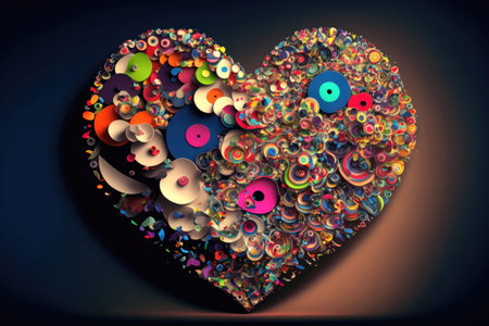 A cheerful collage of colorful hearts, each one bursting with love and joy. The hearts are arranged in a dynamic and playful composition, creating a sense of movement and energy. The vibrant colors and patterns of the hearts suggest that love comes in many different forms and expressions, and that it can be a source of endless creativity and inspiration.の写真素材