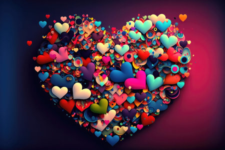 A cheerful collage of colorful hearts, each one bursting with love and joy. The hearts are arranged in a dynamic and playful composition, creating a sense of movement and energy. The vibrant colors and patterns of the hearts suggest that love comes in many different forms and expressions, and that it can be a source of endless creativity and inspiration.の写真素材