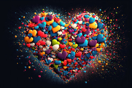 A cheerful collage of colorful hearts, each one bursting with love and joy. The hearts are arranged in a dynamic and playful composition, creating a sense of movement and energy. The vibrant colors and patterns of the hearts suggest that love comes in many different forms and expressions, and that it can be a source of endless creativity and inspiration.の写真素材
