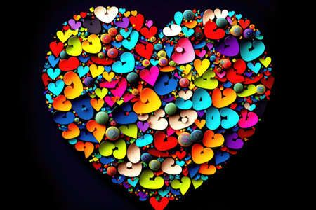 A cheerful collage of colorful hearts, each one bursting with love and joy. The hearts are arranged in a dynamic and playful composition, creating a sense of movement and energy. The vibrant colors and patterns of the hearts suggest that love comes in many different forms and expressions, and that it can be a source of endless creativity and inspiration.の写真素材