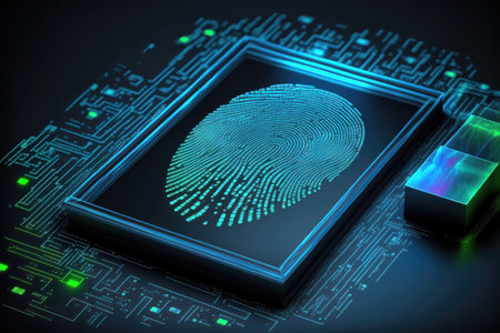 concept of digital biometrics, with a focus on using fingerprint identification to enhance security measures. The image features a close-up of a person's hand, with a digital fingerprint scanner shown in the foreground. The scanner appears to be registering the person's fingerprint, which can be used to verify their identity and grant them access to a secure system or facility.の写真素材