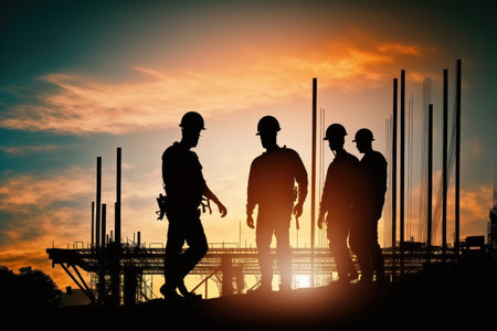 silhouette of a survey engineer and construction team working at a construction site against a blurred industrial background with light flare is a symbol of the ingenuity and dedication required to build a better world.の写真素材