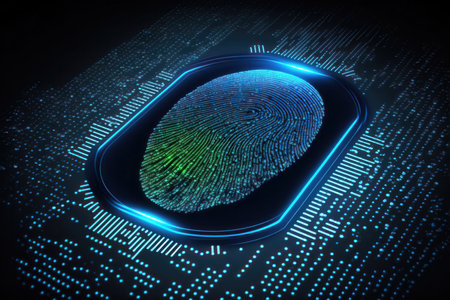 concept of digital biometrics, with a focus on using fingerprint identification to enhance security measures. The image features a close-up of a person's hand, with a digital fingerprint scanner shown in the foreground. The scanner appears to be registering the person's fingerprint, which can be used to verify their identity and grant them access to a secure system or facility.の写真素材