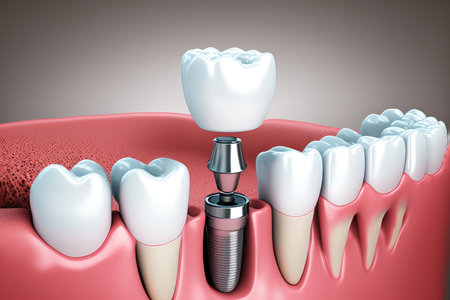 dental implantation, with a focus on the implant screw that is used to support a replacement tooth. The image features a close-up of a set of teeth, with one tooth highlighted as the focus of the image.の写真素材