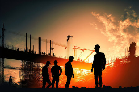 silhouette of a survey engineer and construction team working at a construction site against a blurred industrial background with light flare is a symbol of the ingenuity and dedication required to build a better world.の写真素材