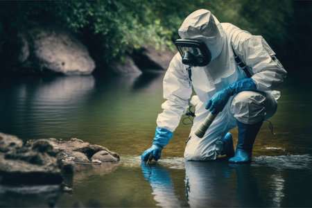 scientist in a protective suit taking water samples from a river is a symbol of the importance of protecting our natural waterways and preserving our environment. Water pollution is a major threat to the health of our planet's ecosystems, and can have devastating effects on human health as well.の写真素材