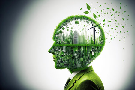 concept of green energy, emphasizing the importance of sustainability and environmental consciousness in the modern world. The image features a range of symbols and icons related to renewable energy sources, such as wind turbines, solar panels, and hydroelectric dams.の写真素材