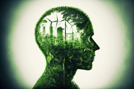 concept of green energy, emphasizing the importance of sustainability and environmental consciousness in the modern world. The image features a range of symbols and icons related to renewable energy sources, such as wind turbines, solar panels, and hydroelectric dams.の写真素材