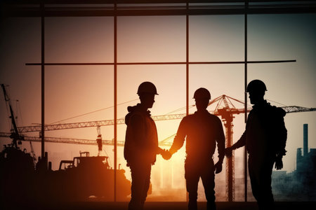 silhouette of a survey engineer and construction team working at a construction site against a blurred industrial background with light flare is a symbol of the ingenuity and dedication required to build a better world.の写真素材