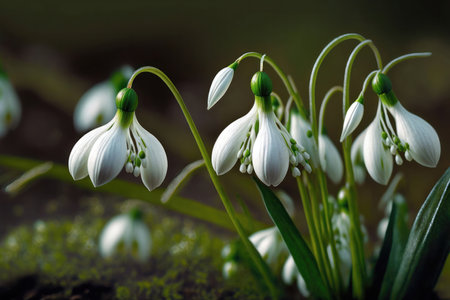 Snowdrop flowers are a symbol of hope and renewal, representing the arrival of spring after the cold and dark winter months. These delicate flowers are known for their distinctive bell-shaped petals, which are typically white or pale green with green markings.の写真素材