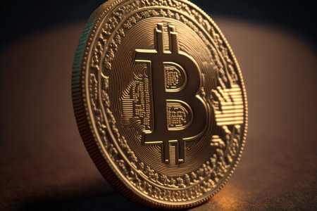 A small piece of Bitcoin, the world's most famous cryptocurrency, in stunning detail. The close-up view allows the viewer to appreciate the intricate design and texture of the digital currency, which is created through a complex process of computer algorithms.の写真素材