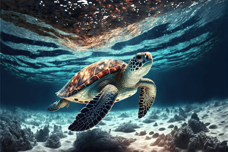 a sense of serenity and calm, inviting the viewer to imagine themselves in this idyllic paradise, away from the stresses of daily life. At the same time, the sea turtle serves as a reminder of the fragility of our planet and the importance of protecting the natural world.の写真素材