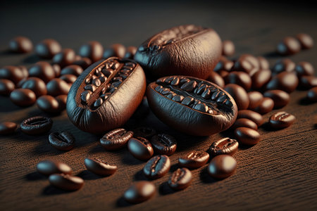 Rich colors, textures, and aroma of coffee beans in stunning detail. The close-up view allows the viewer to appreciate the intricate patterns and variations in color and texture that make each coffee bean unique.の写真素材
