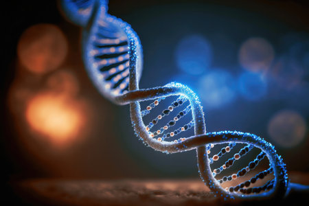 Capture the intricate beauty of a DNA strand, illuminated by a soft, ethereal light. The gentle blue or orange tones create a dreamy atmosphere, evoking a sense of wonder and mysteryの写真素材