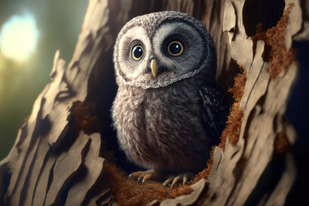 The beauty and charm of a cute owl in stunning detail. The owl's large, expressive eyes and distinctive feathers are on full display, inviting the viewer to appreciate the intricate details of this fascinating creature.の写真素材