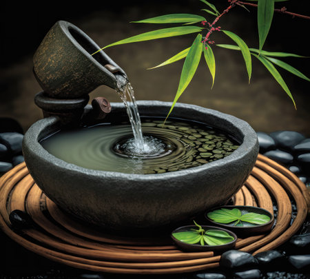 The spa's tranquil ambiance is enhanced by the use of natural materials such as stacked stones, which create a peaceful and grounding atmosphere. You will be surrounded by the calming presence of beautiful flowers, carefully arranged to provide a soothing environment for your mind and body.の写真素材