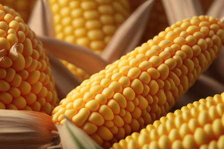 vibrant colors and intricate details of ripe corn cobs in stunning detail. The close-up view allows the viewer to appreciate the golden hue of the corn, the intricate patterns of the kernels, and the rough texture of the cob.の写真素材