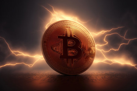 A small piece of Bitcoin, the world's most famous cryptocurrency, in stunning detail. The close-up view allows the viewer to appreciate the intricate design and texture of the digital currency, which is created through a complex process of computer algorithms.の写真素材