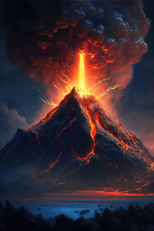 The explosive moment when a massive volcano erupts, sending a plume of ash and smoke high into the sky. Lava can be seen flowing down from the top of the volcano, cascading down its slopes and leaving behind a trail of molten rock and ash.の写真素材