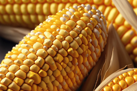 vibrant colors and intricate details of ripe corn cobs in stunning detail. The close-up view allows the viewer to appreciate the golden hue of the corn, the intricate patterns of the kernels, and the rough texture of the cob.の写真素材
