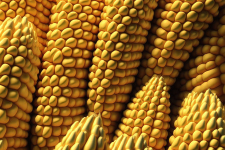 vibrant colors and intricate details of ripe corn cobs in stunning detail. The close-up view allows the viewer to appreciate the golden hue of the corn, the intricate patterns of the kernels, and the rough texture of the cob.の写真素材
