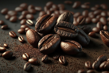 Rich colors, textures, and aroma of coffee beans in stunning detail. The close-up view allows the viewer to appreciate the intricate patterns and variations in color and texture that make each coffee bean unique.の写真素材
