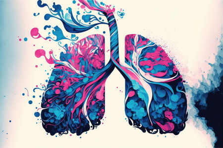 Abstract image uses bold, contrasting colors to represent the complex and challenging nature of lung cancer. The image features a stylized representation of the respiratory system, with a focus on the lung itself. Shades of blue and white are used to symbolize the healthy lung, while pops of bright pink or red represent the diseaseの写真素材
