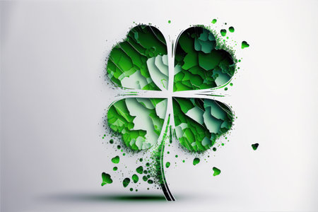 an abstract white background with scattered four-leaf clovers in various shades of green. The four-leaf clover is a symbol of luck and is often associated with St. Patrick's Day, a holiday celebrated in Ireland and by many around the world.の写真素材