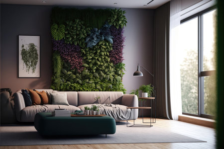 The vertical wall garden is a symbol of creativity, innovation, and sustainability, and this image invites the viewer to consider the many benefits of bringing nature indoors. It celebrates the beauty and diversity of plant life, and encourages us to find new ways to integrate natural elements into our living spaces.の写真素材